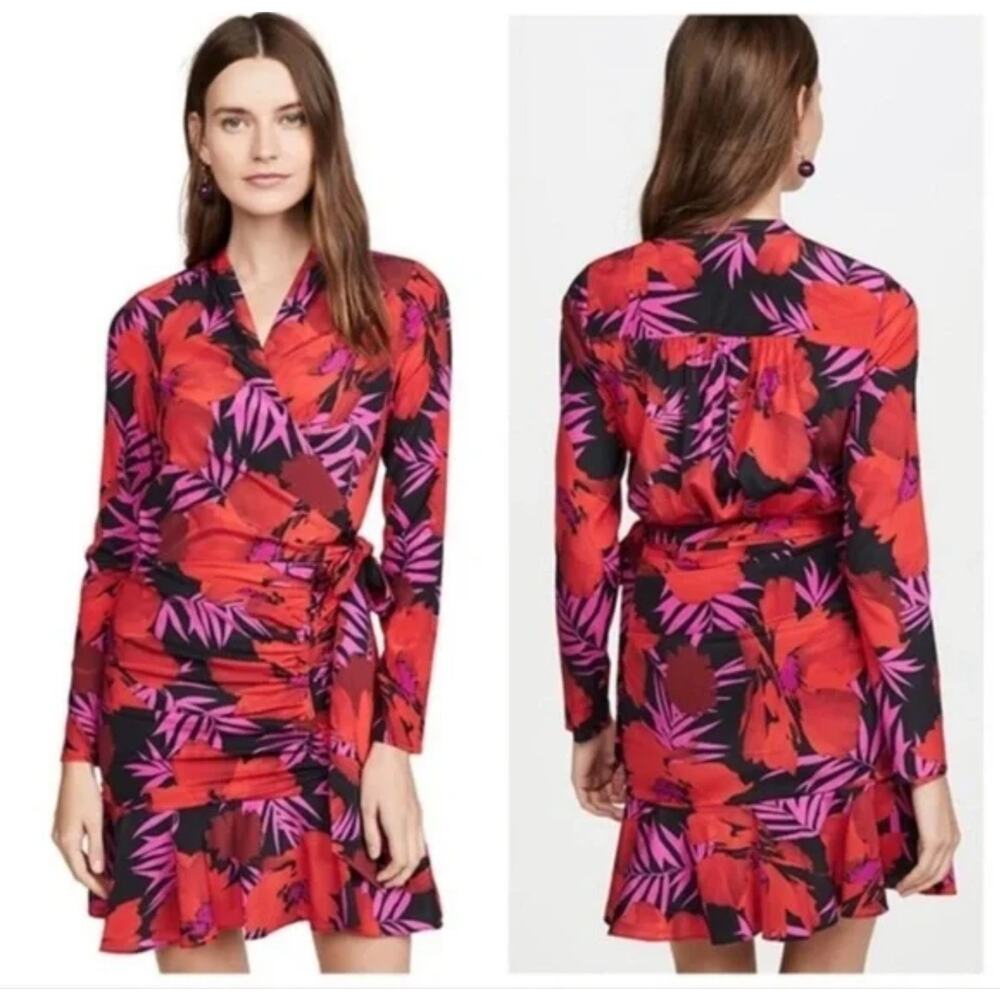 Veronica Beard Lorina Silk Poppy Floral Red Pink Front Tie Mini Dress US 0
